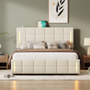 Full Size Upholstered Bed with Hydraulic Storage System and LED Light, Beige