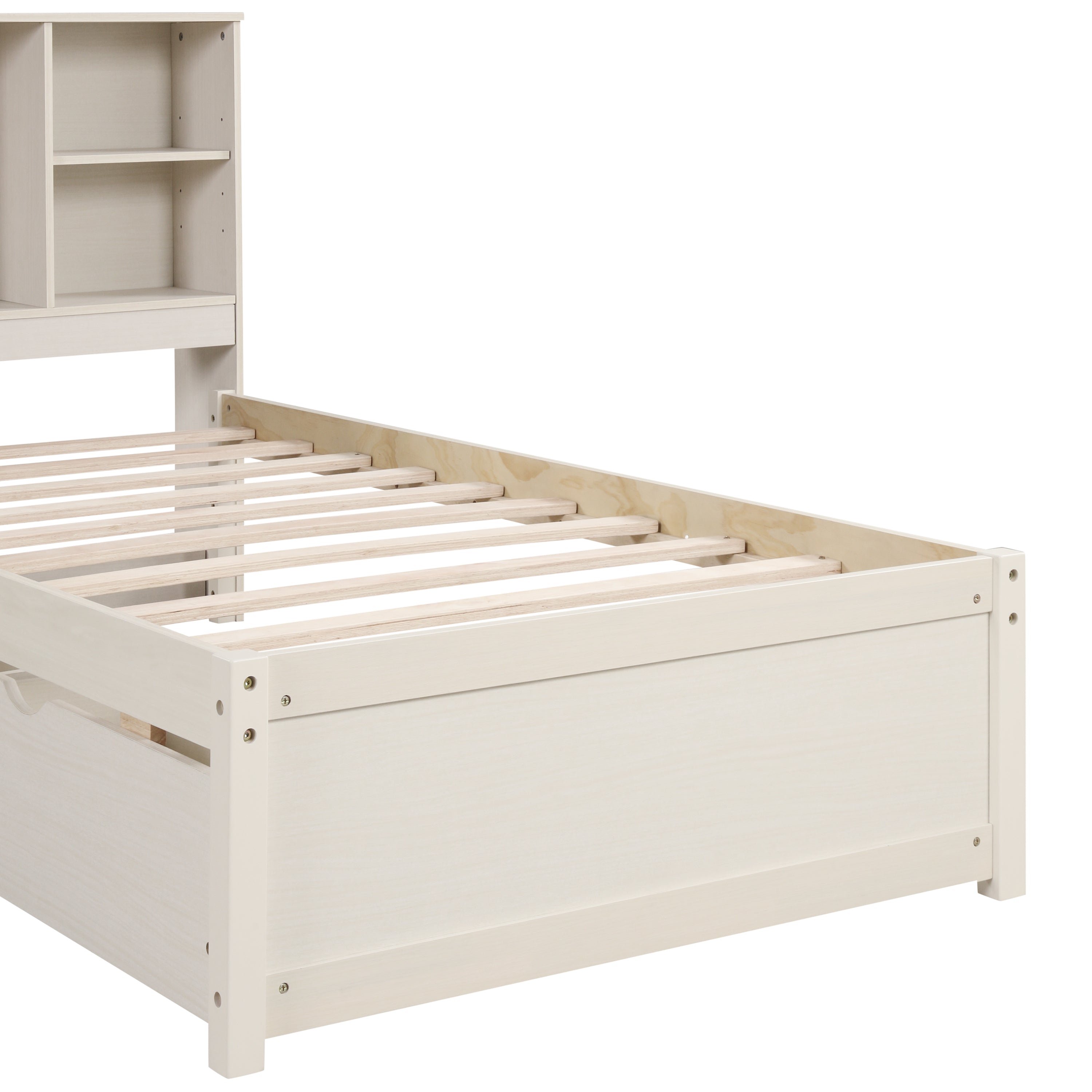 Modern Twin Size Bed Frame With Built-in USB Port on Bookcase Headboard and 2 Drawers for White Washed Color - Atlantic Fine Furniture Melbourne FL