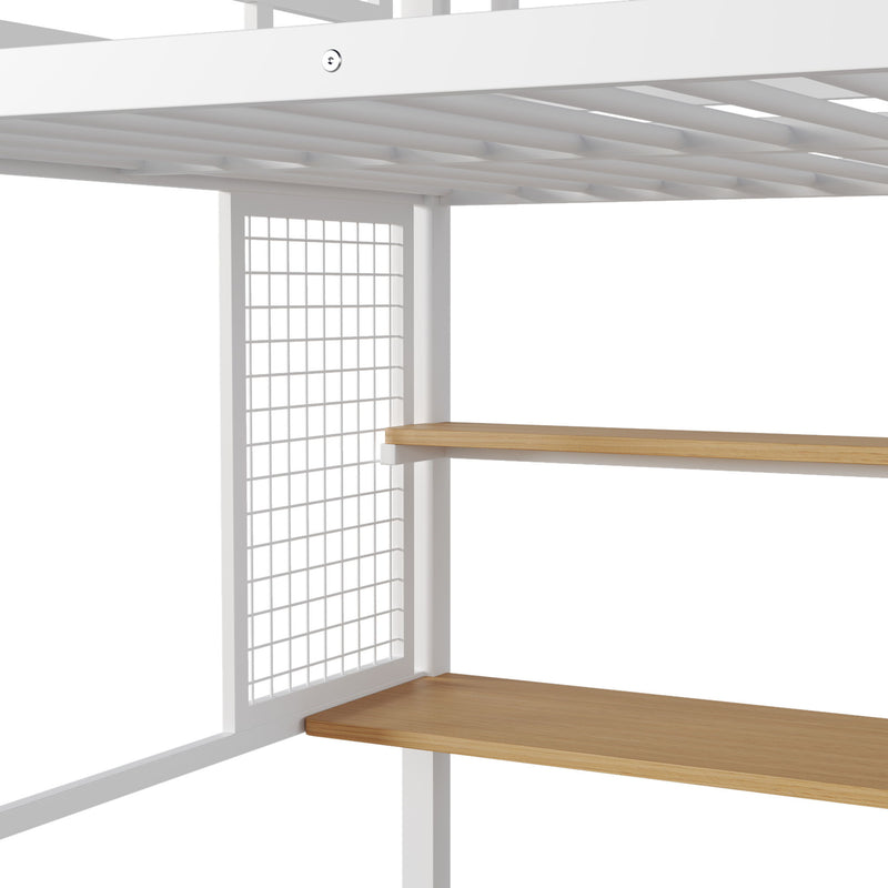 Metal Loft Bed With Wardrobe, Desk, Storage Shelves
