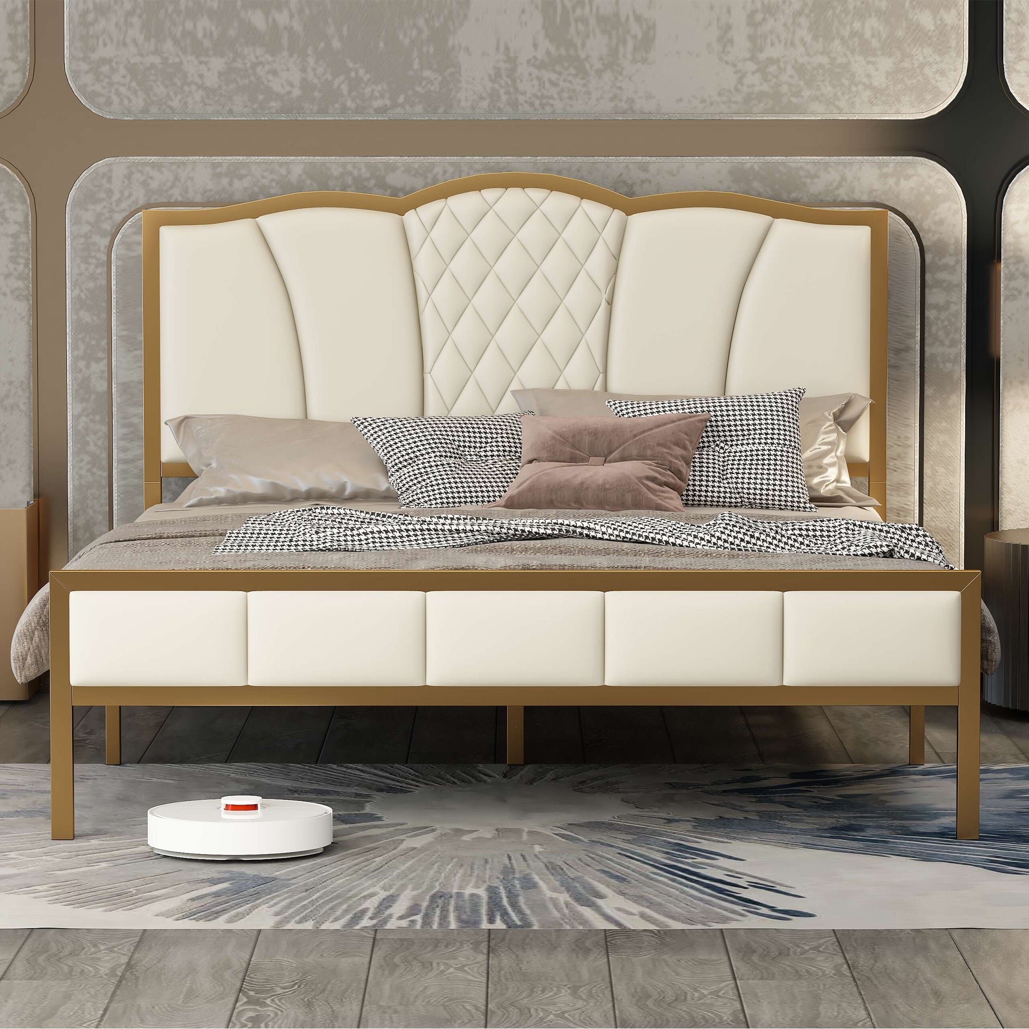 Queen Size Bed Frame, Modern Upholstered Bed Frame with Tufted Headboard, Golden Metal Platform Bed Frame with Wood Slat Support, Noise Free, No Box Spring Needed,Beige - Atlantic Fine Furniture Melbourne FL