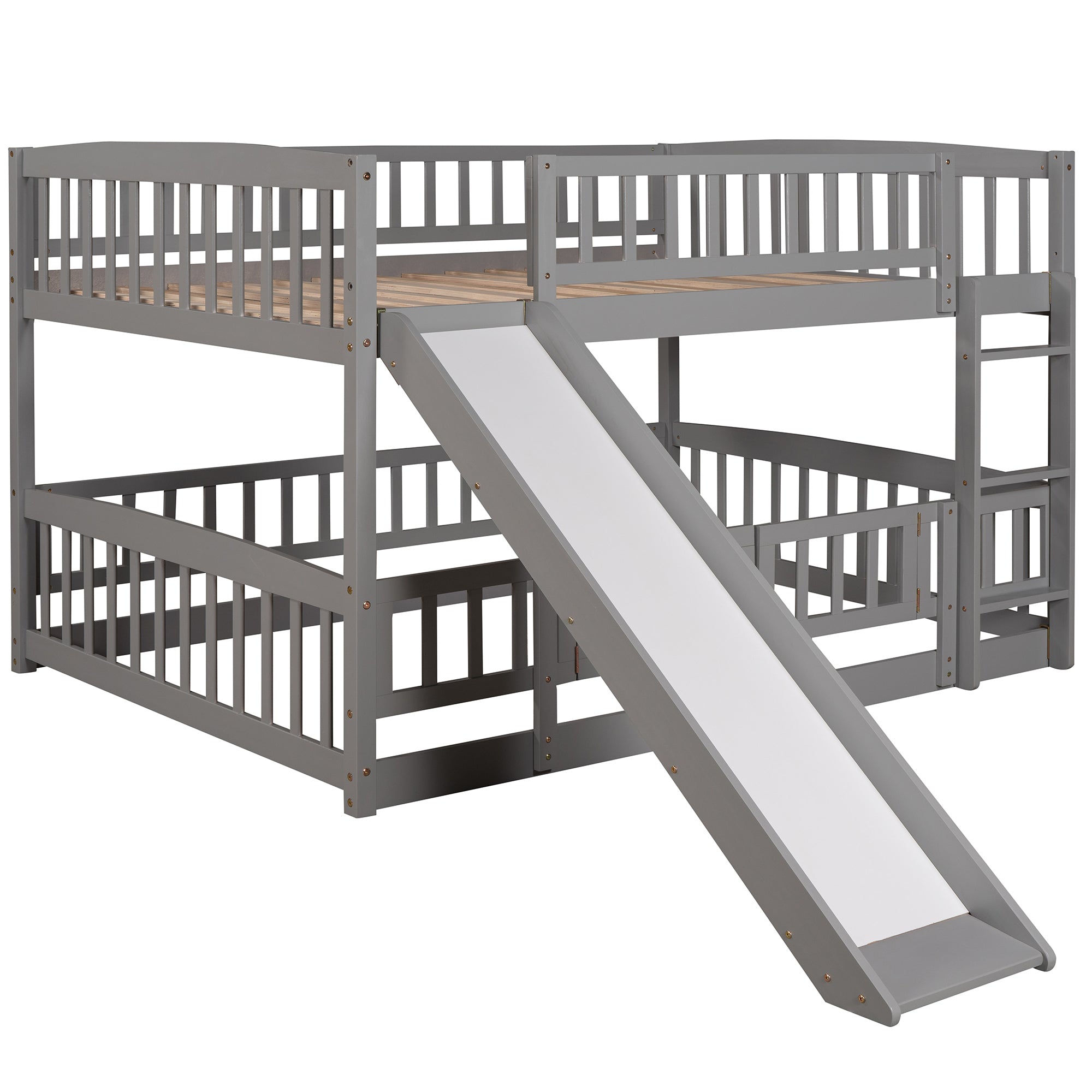 Bunk Bed with Slide,Full Over Full Low Bunk Bed with Fence and Ladder for Toddler Kids Teens Gray - Atlantic Fine Furniture Melbourne FL