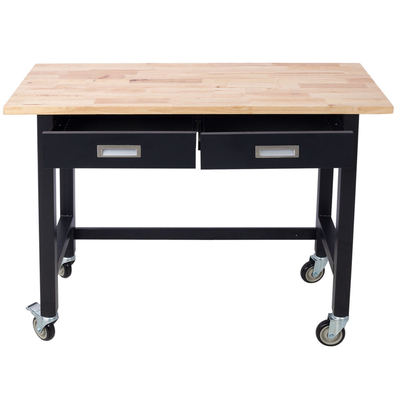 Work Bench, Workbench With Drawer Storage, Heavy Duty Bamboo Wood Work Table With Wheels For Garage Home Office