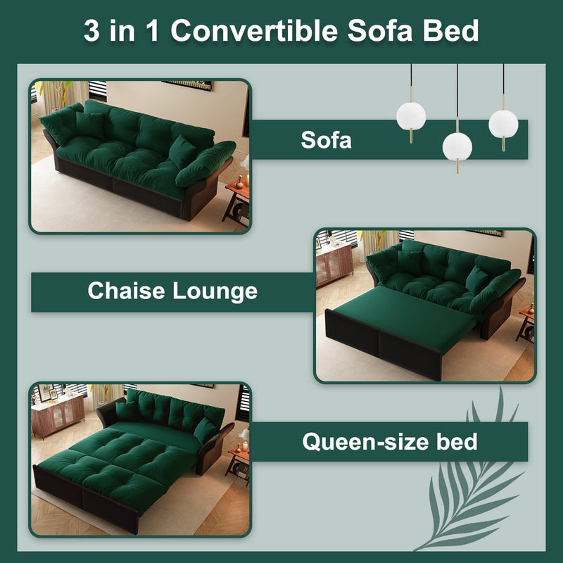 Queen Pull Out Sofa Bed, 3 In 1 Convertible Sleeper Tufted With 2 Soft Pillows