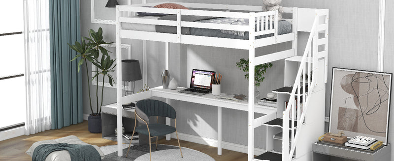 Twin Size Loft Bed with Storage Staircase and Built-in Desk, White (Old SKU:GX000903AAK)