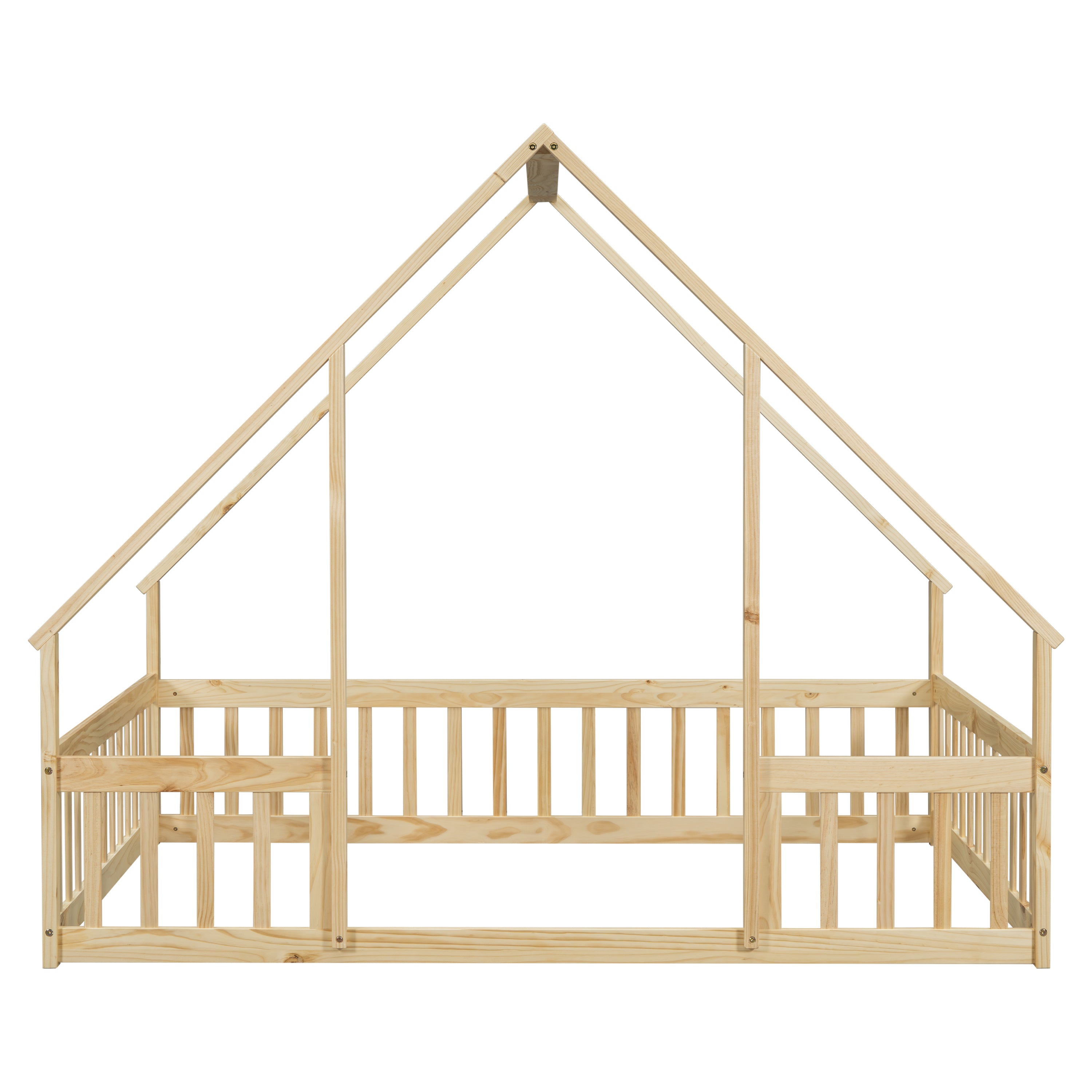 Full Wood House-Shaped Floor Bed with Fence, Guardrails,Natural