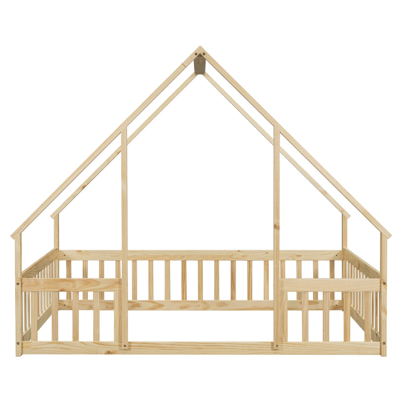 Full Wood House-Shaped Floor Bed with Fence, Guardrails,Natural