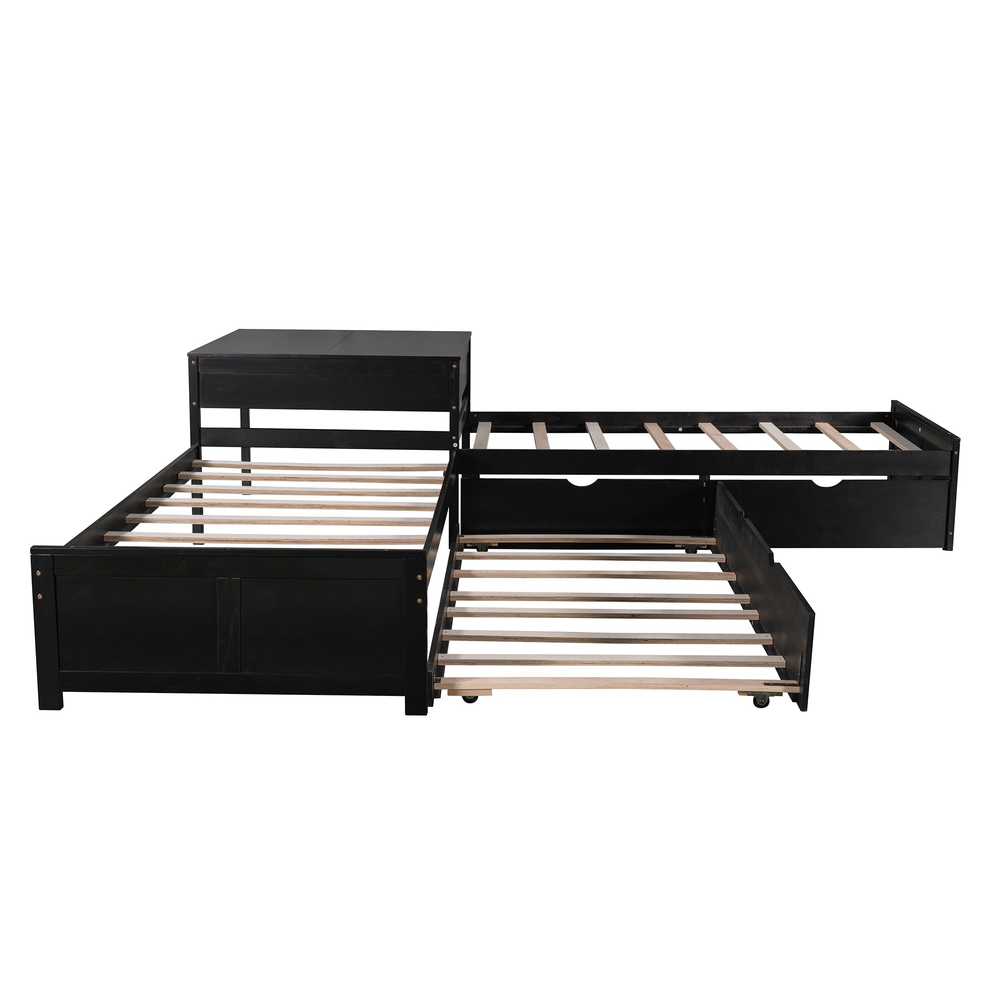 L-shaped Platform Bed with Trundle and Drawers Linked with built-in Desk,Twin,Espresso - Atlantic Fine Furniture Melbourne FL