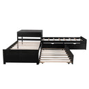 L-shaped Platform Bed with Trundle and Drawers Linked with built-in Desk,Twin,Espresso