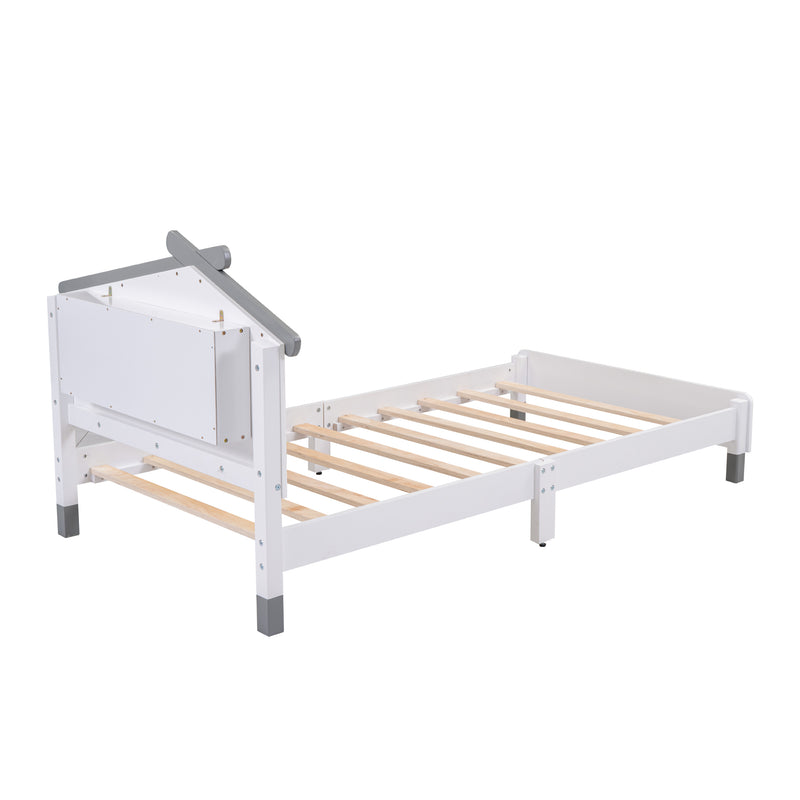 Twin Size Wood Platform Bed with House-shaped Headboard and Motion Activated Night Lights (White+Gray)