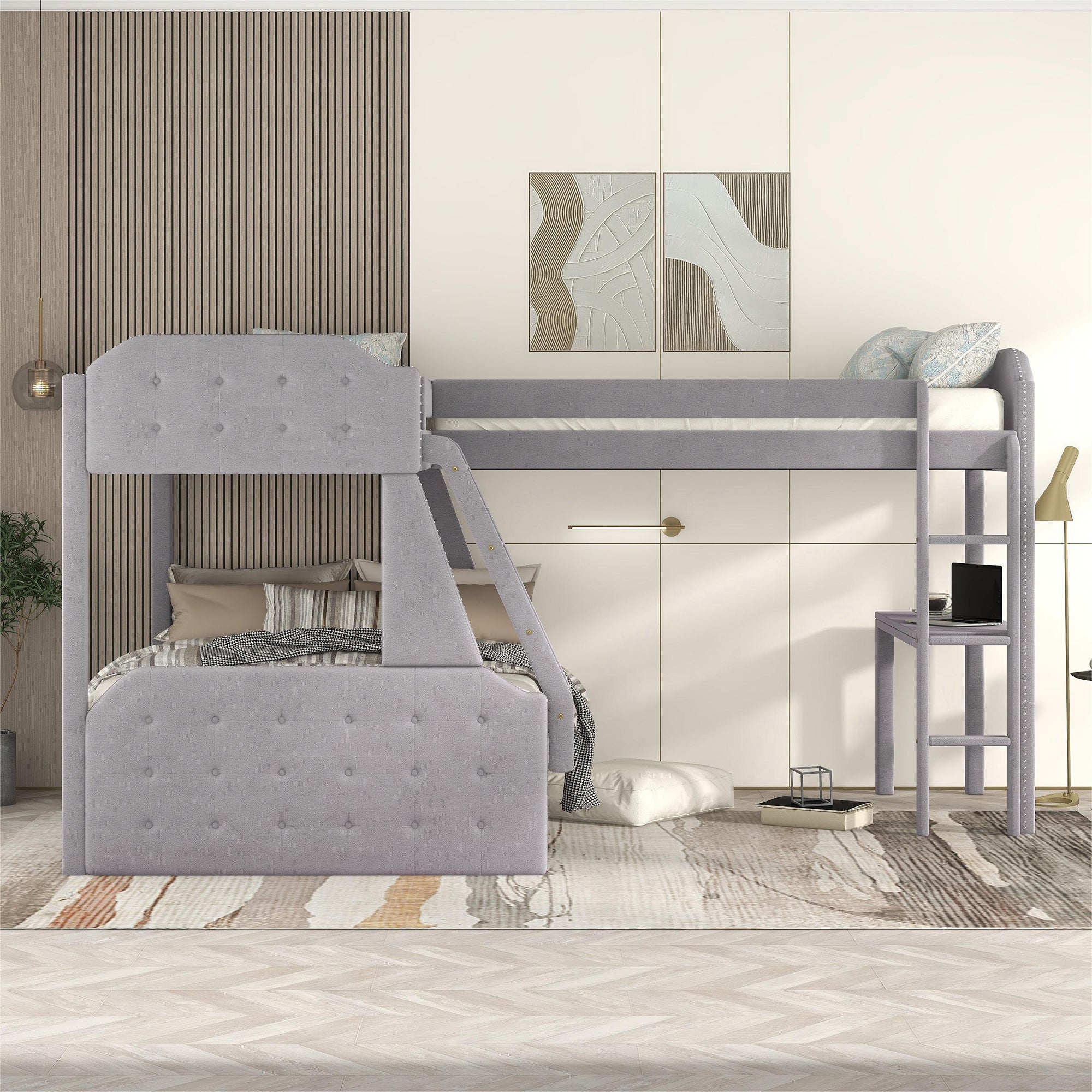 L-Shaped Twin over Full Bunk Bed and Twin Size Loft Bed with Desk,Grey - Atlantic Fine Furniture Melbourne FL