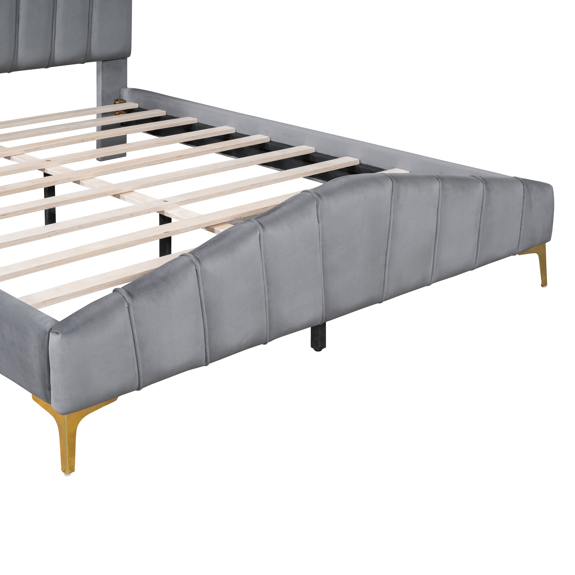 Queen Size Velvet Platform Bed with Thick Fabric, Stylish Stripe Decorated Bedboard and Elegant Metal Bed Leg, Gray - Atlantic Fine Furniture Melbourne FL