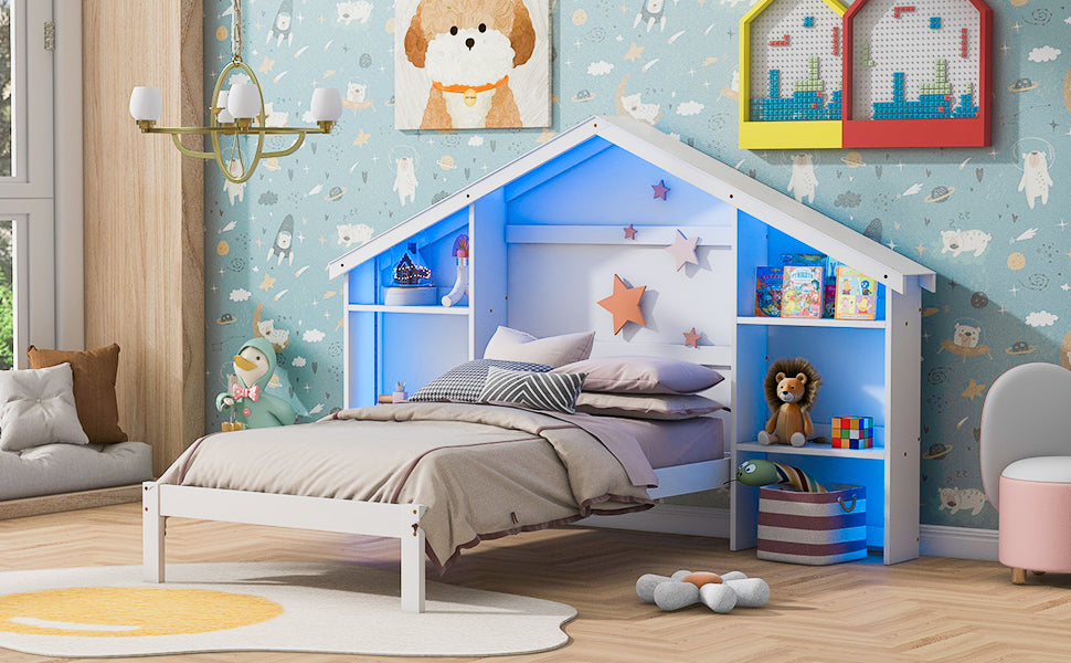Wood Twin Size Platform Bed with House-shaped Storage Headboard and Built-in LED, White - Atlantic Fine Furniture Melbourne FL