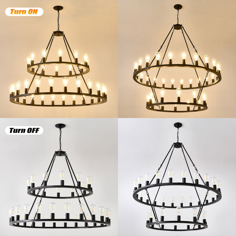 Extra Large Wagon Wheel Chandelier, 2 Tier 36 Lights (No Include) Farmhouse Industrial Round High Ceiling Pendant Light Adjustable Chain, For Dining Room, Living Room, Kitchen - Black