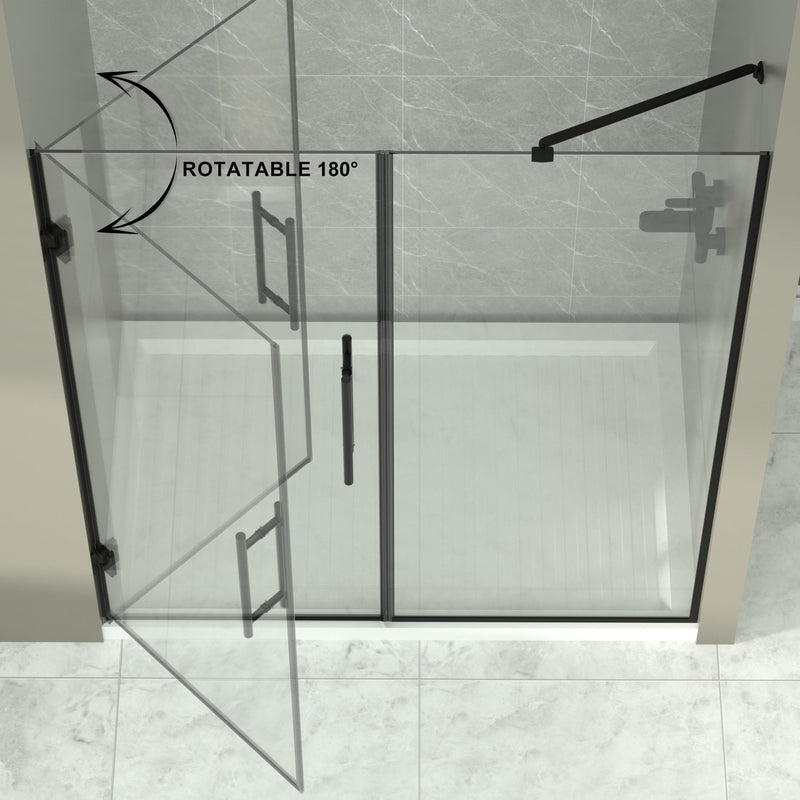 Semi-Frameless Double Hinges Shower Door In Matte , Tempered Glass, Reversible Installation - Black