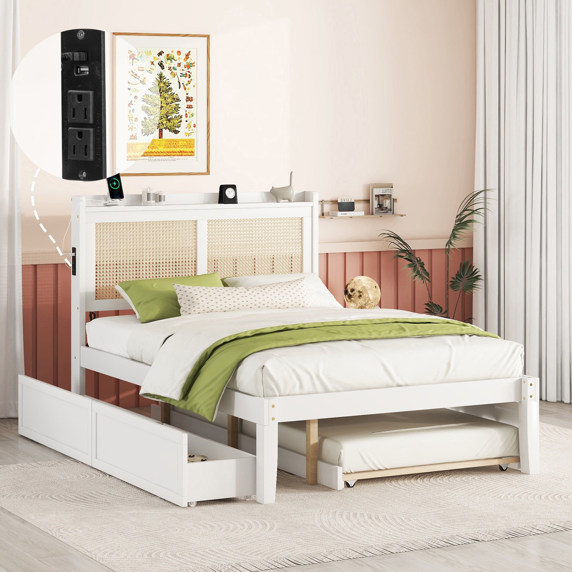 Full Size Elegant Bed Frame with Rattan Headboard and Sockets ,White - Atlantic Fine Furniture Melbourne FL