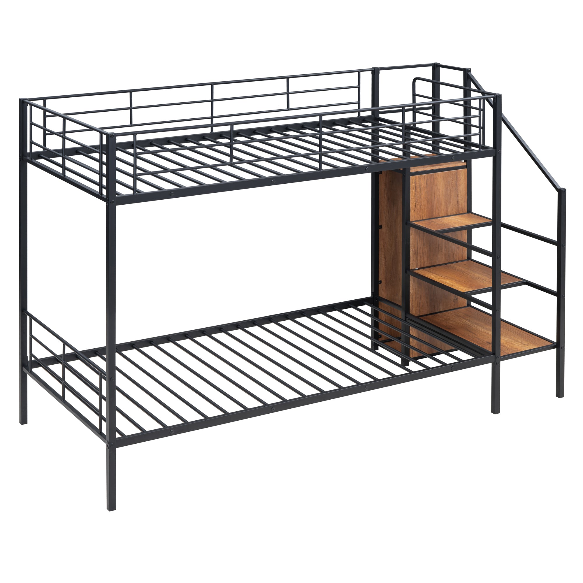 Twin Over Twin Metal Bunk Bed with Lateral Storage Ladder and Wardrobe, Black - Atlantic Fine Furniture Melbourne FL