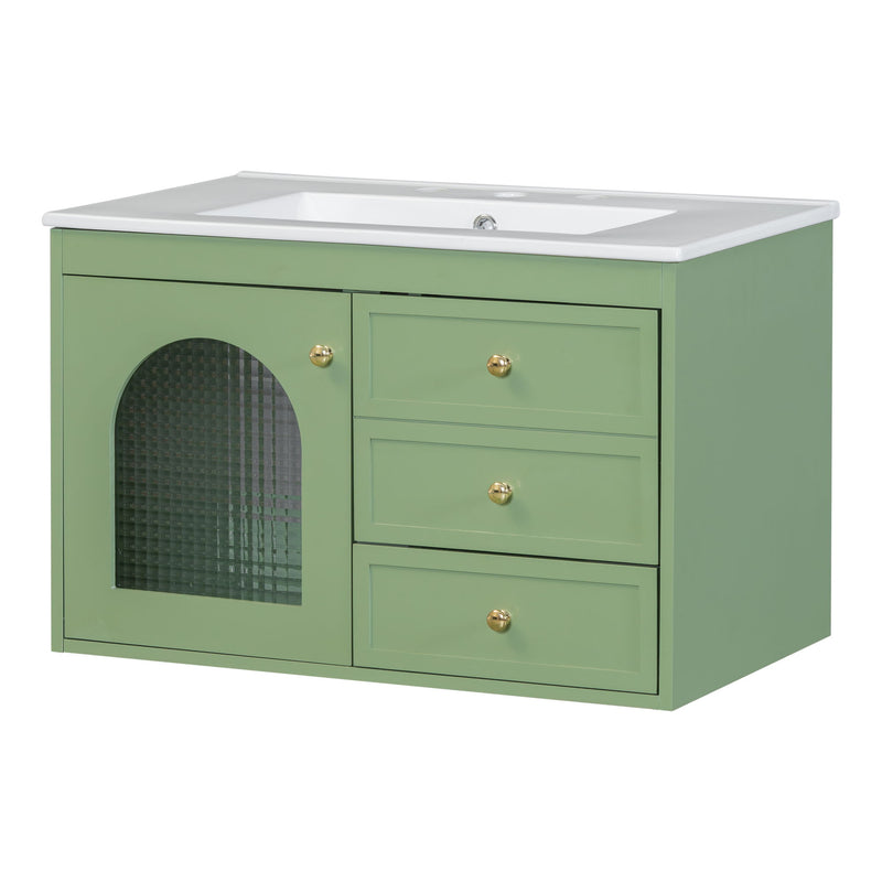 Elegant Floating Bathroom Vanity Sink And Cabinet Combo 1 Door And 2 Drawers - Green