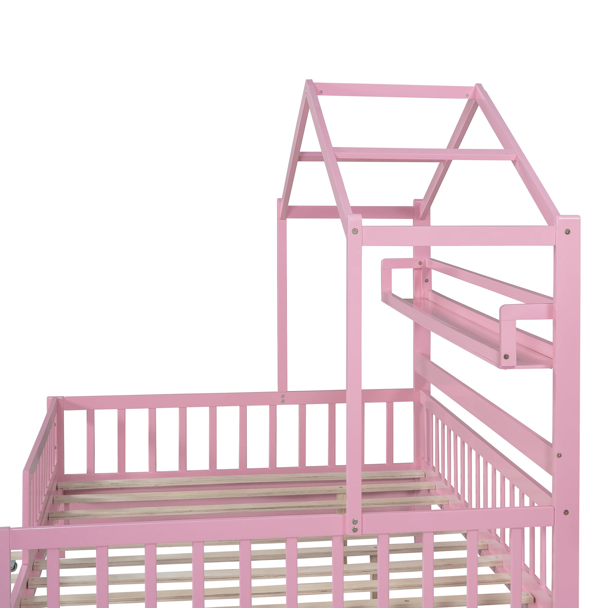 Wooden Full Size House Bed with Twin Size Trundle,Kids Bed with Shelf, Pink - Atlantic Fine Furniture Melbourne FL