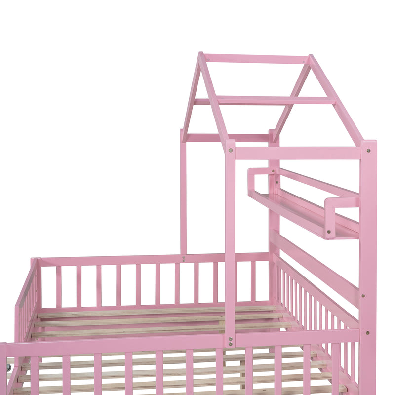 Wooden Full Size House Bed with Twin Size Trundle,Kids Bed with Shelf, Pink