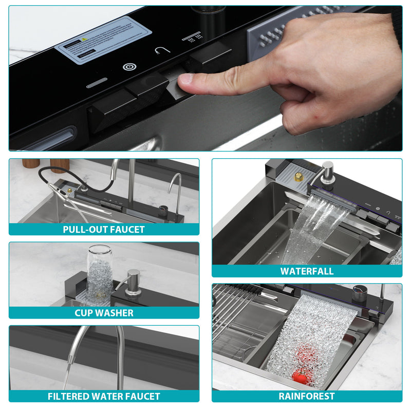 Kitchen Waterfall Sink Single Bowl With LED Faucet, Ledge Workstation, And Multi Function Pull Out Spray - Brushed Nickel