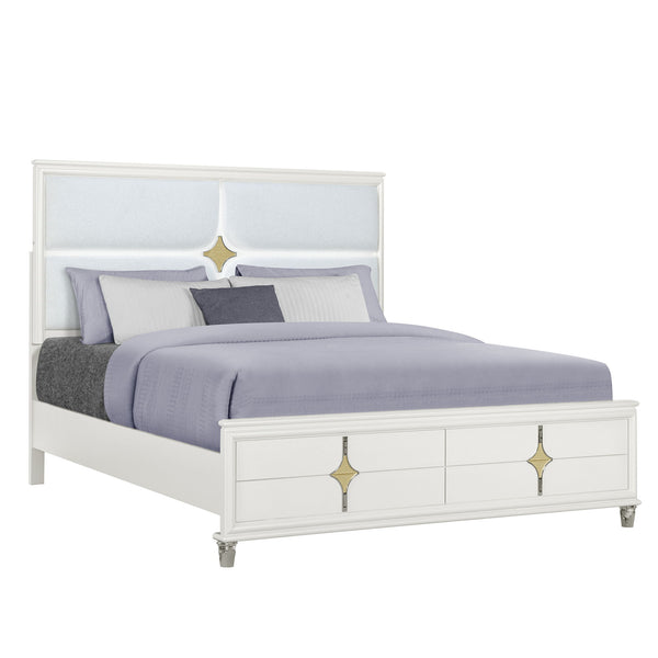 Uriuni - 5 Piece King Bedroom Set With Panel Headboard And LED Lighting - Gold / White