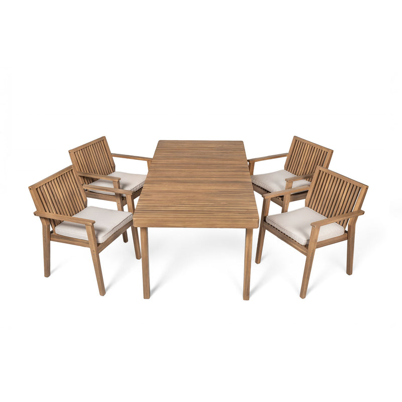 5 Piece Patio Furniture Set Acacia Wood Table And 4 Heavy Duty Cushioned Chairs