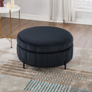 Upholstered Round Ottoman With Reversible Lid, Channel Tufted Pumpkin Shape