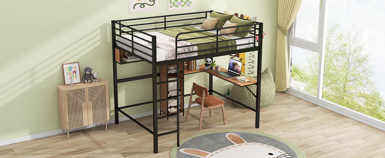 Full Size Metal & Wood Loft Bed with L -shaped desk and shelves, Black and Brown