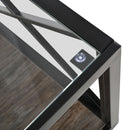 Industrial Style Coffee Table For Bedroom & Living Room With Tempered Glass & Wood Grain - Wood