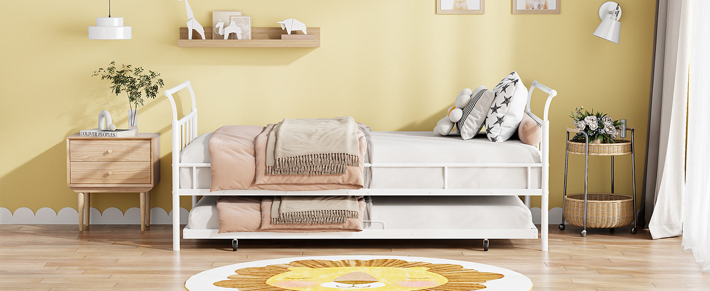 Twin Size Metal Daybed with Curved Handle Design and Twin Size Trundle, White - Atlantic Fine Furniture Melbourne FL