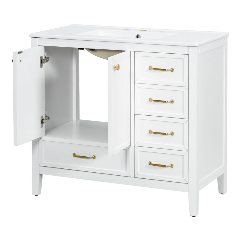 Elegant Vintage Bathroom Vanity With Sink And Soft Closing Door, 4 Drawers Of Different Sizes Frame