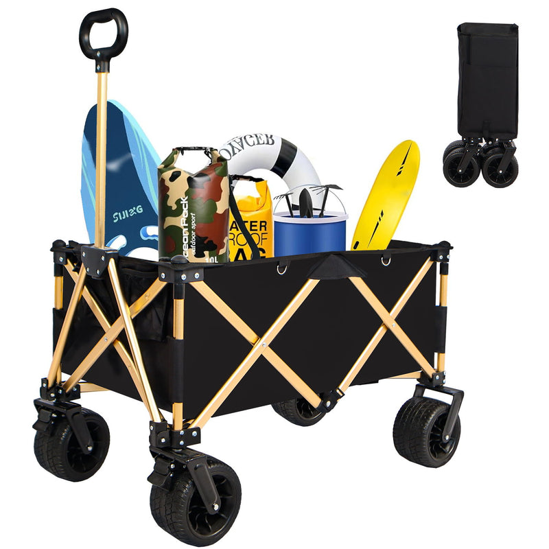 Aluminum Alloy Folding Wagon, Heavy Duty Utility Beach Wagon Cart For Sand With Big Wheels, Adjustable Handle & Drink Holders For Shopping, Camping, Garden And Outdoor