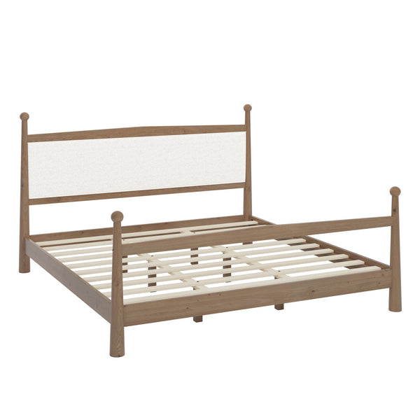 Mid-Century Modern Solid Pine Platform Bed With Upholstered Headboard, No Box Spring Needed