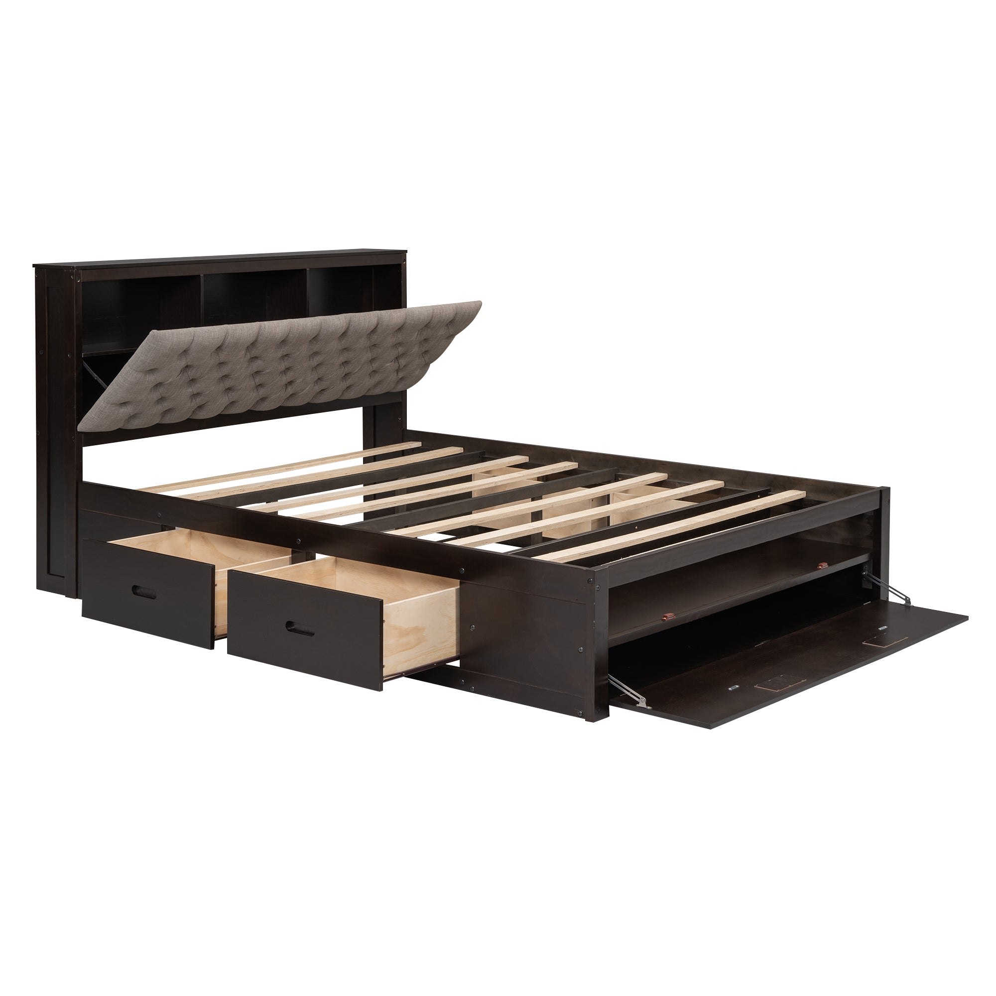 Wood Queen Size Platform Bed with Storage Headboard, shoe rack and 4 drawers,Espresso - Atlantic Fine Furniture Melbourne FL
