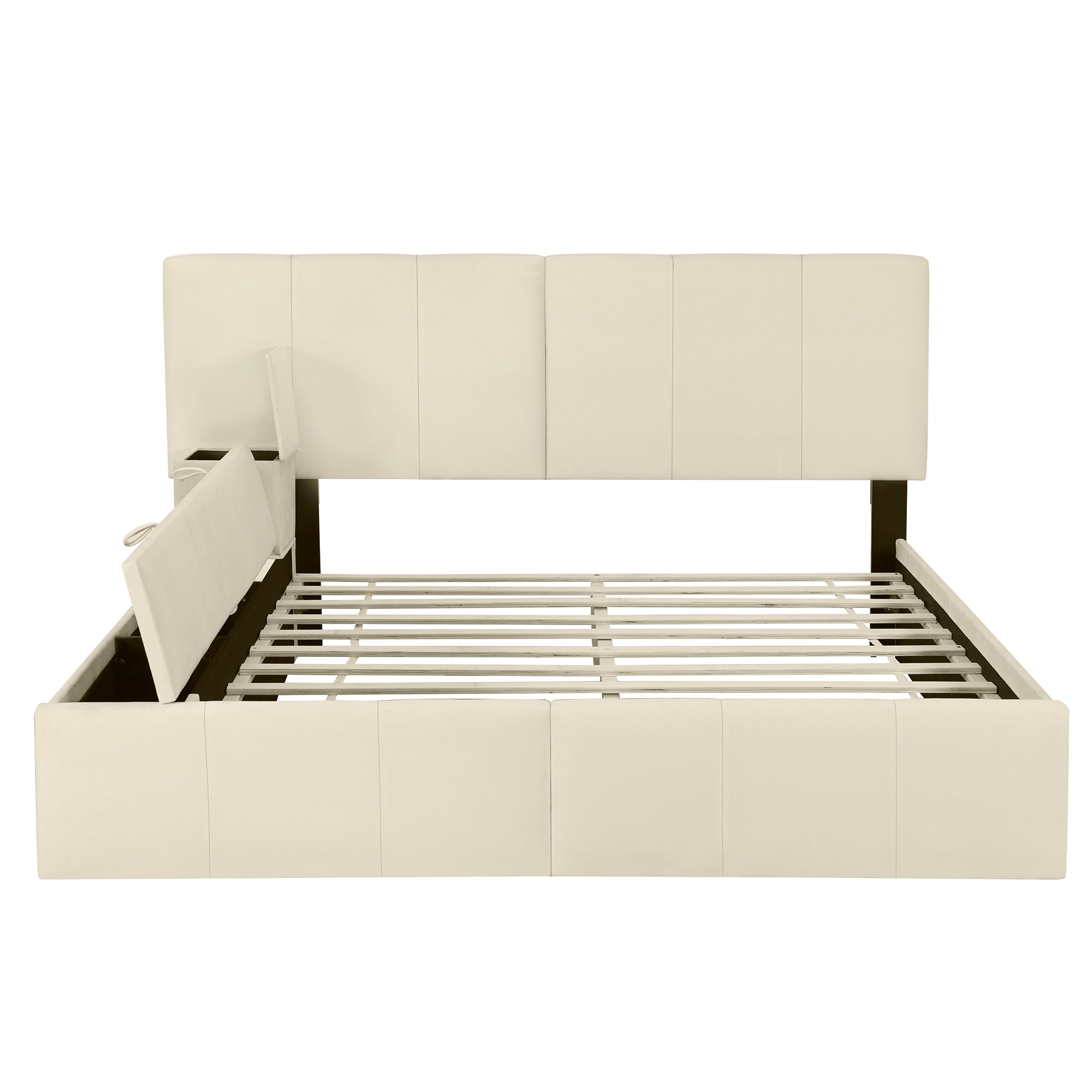 Queen Size Upholstered Platform Bed with Lateral Storage Compartments and Thick Fabric, Velvet, Beige - Atlantic Fine Furniture Melbourne FL