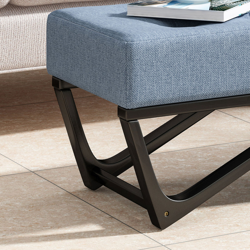 Upholstered Ottoman With Button Tufted Waffle Stitch And Black Geometric Legs - Light Blue