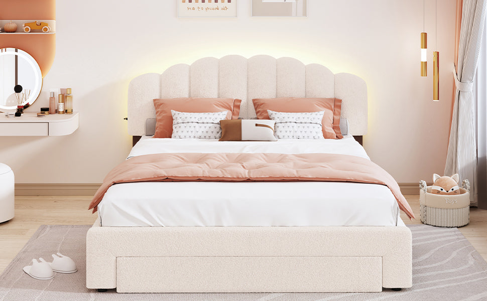 Teddy Fleece Queen Size Upholstered Platform Bed with Drawer, Beige - Atlantic Fine Furniture Melbourne FL