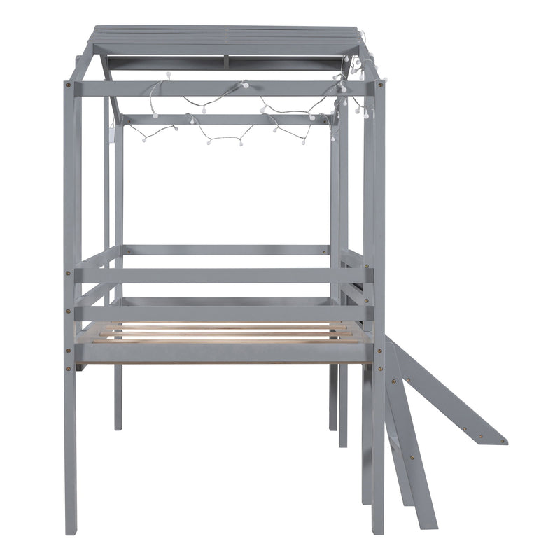 Loft House Bed With Ladder And Slide, With Blackboard And Light Strip On The Roof