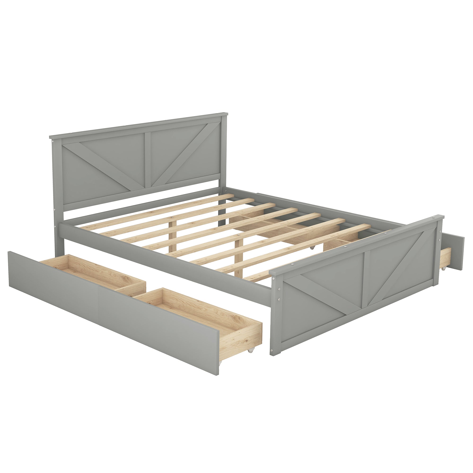 Queen Size Wooden Platform Bed with Four Storage Drawers and Support Legs, Gray - Atlantic Fine Furniture Melbourne FL