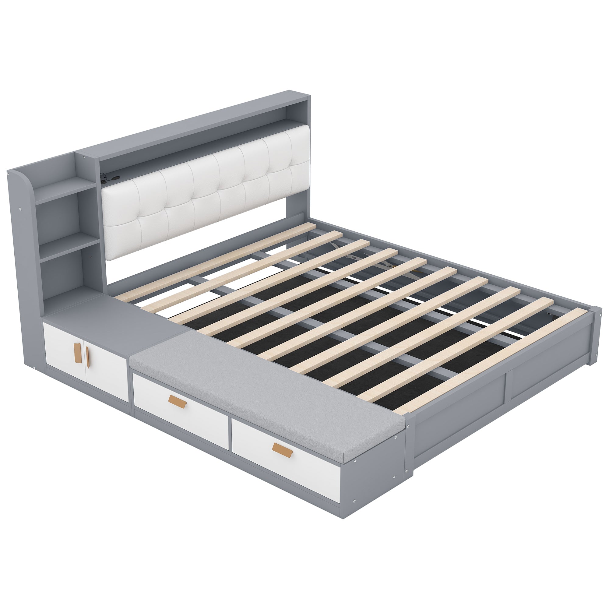 Queen Size Platform Bed Frame with Upholstery Headboard and Storage Shelves and,USB Charging,Gray - Atlantic Fine Furniture Melbourne FL
