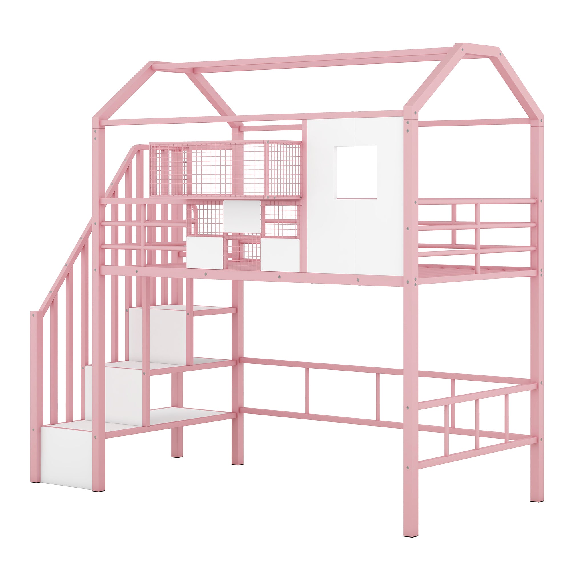 Metal Loft Bed with roof design and a storage box, Twin, Pink - Atlantic Fine Furniture Melbourne FL