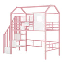 Metal Loft Bed with roof design and a storage box, Twin, Pink