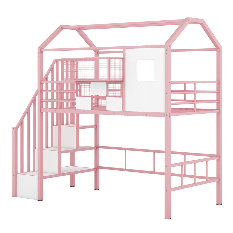 Metal Loft Bed with roof design and a storage box, Twin, Pink