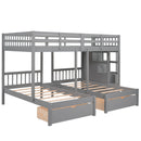 Full Over Twin & Twin Bunk Bed, Wood Triple Bunk Bed with Drawers and Guardrails (Gray)