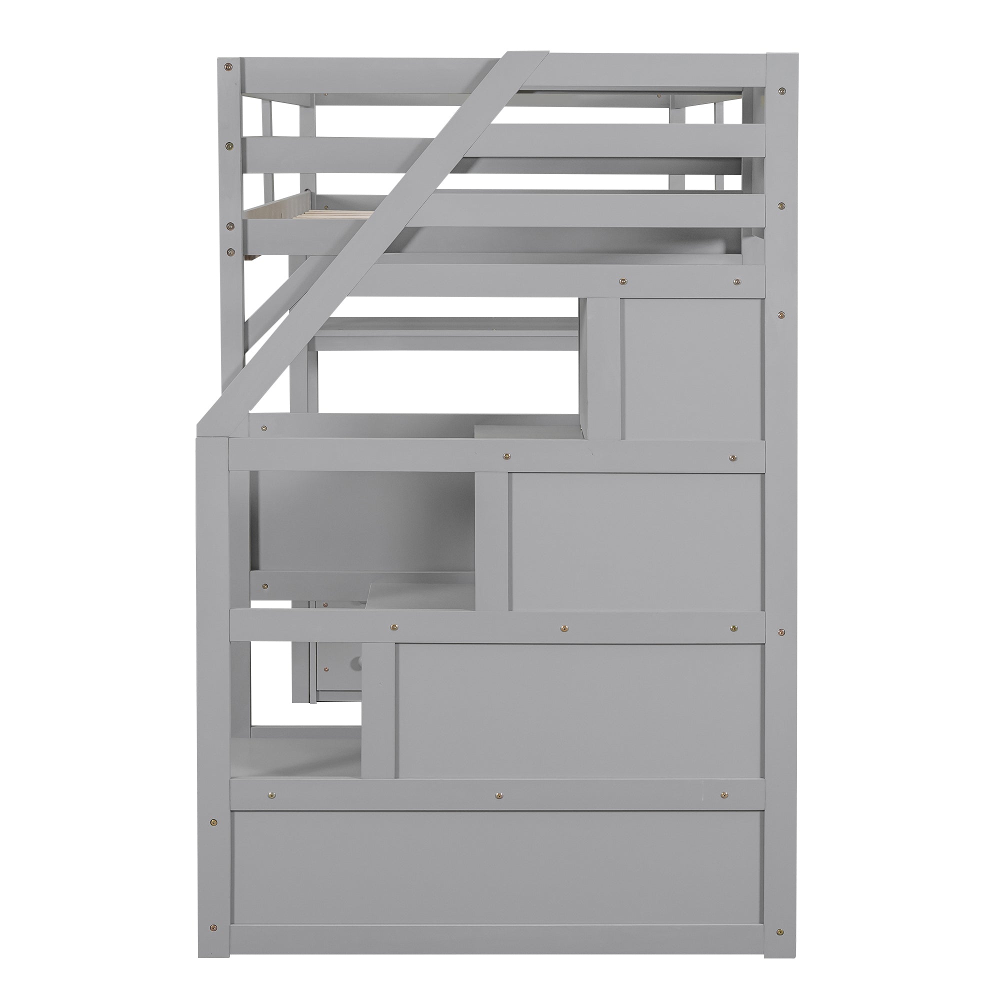 Twin Size Loft Bed with Desk and Shelves, Two Built-in Drawers, Storage Staircase, Gray - Atlantic Fine Furniture Melbourne FL
