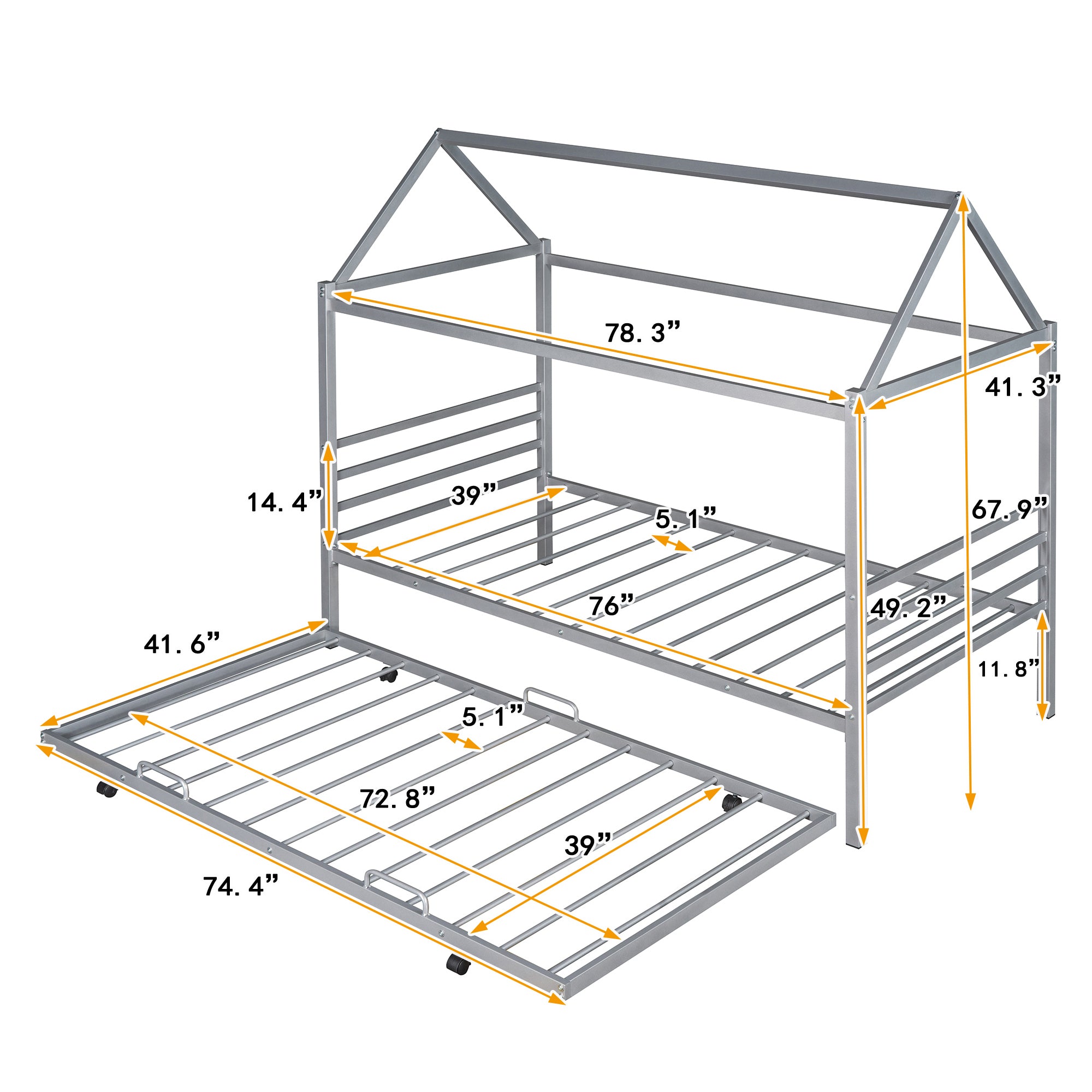 Twin Size Metal House Shape Platform Bed with Trundle,Silver - Atlantic Fine Furniture Melbourne FL
