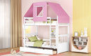 Twin Over Twin Bunk Bed Wood Bed with Tent and Drawers, White+Pink Tent