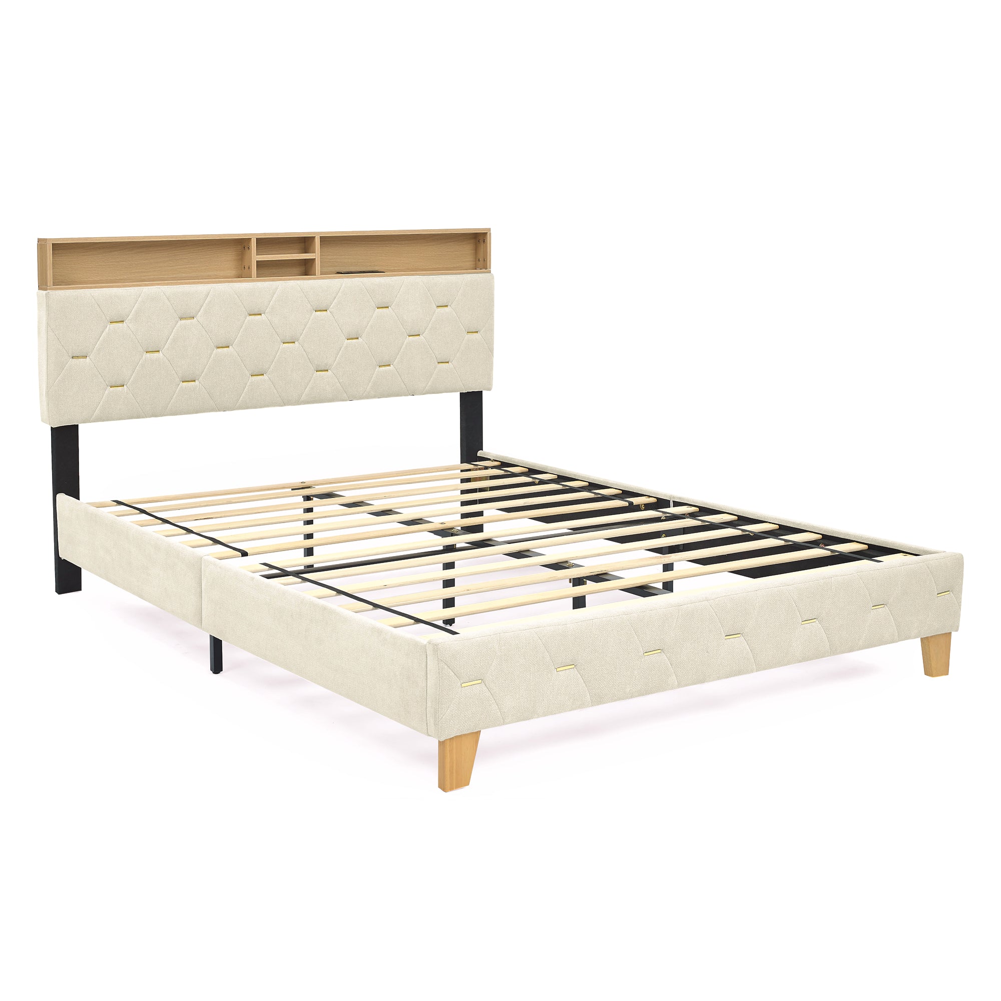 Queen Size Bed Frame, Shelf Upholstered Headboard, Platform Bed with Outlet & USB Ports, Wood Legs, No Box Spring Needed, Easy Assembly, Beige - Atlantic Fine Furniture Melbourne FL