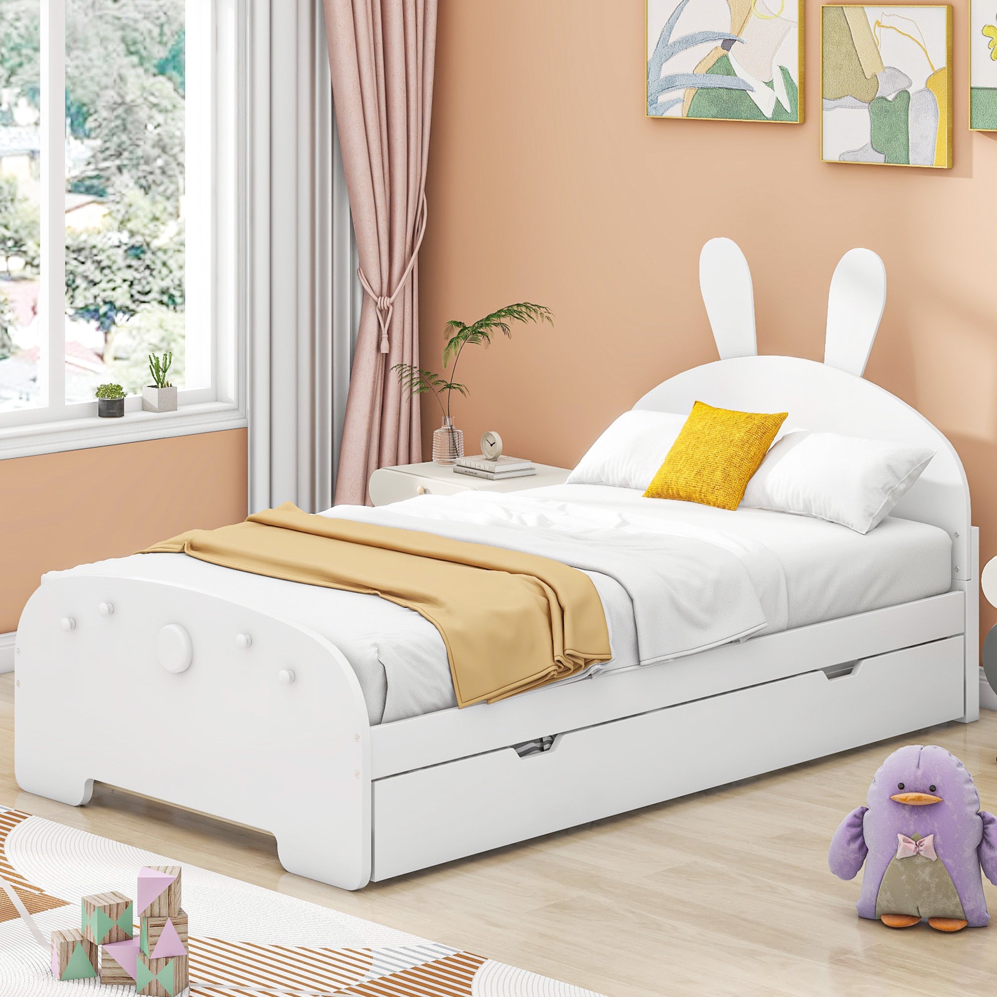 Wood Twin Size Platform Bed with Cartoon Ears Shaped Headboard and Trundle, White - Atlantic Fine Furniture Melbourne FL