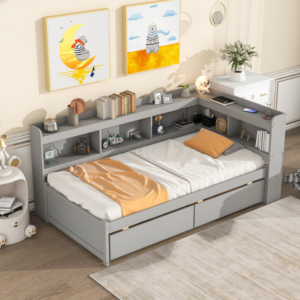 Twin Bed with L-shaped Bookcases,Drawers,Grey